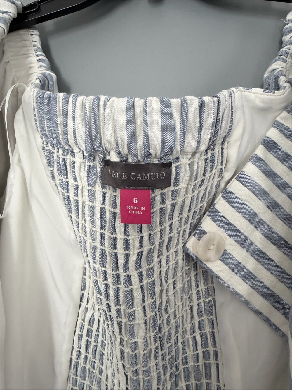 Vince Camuto Blue & White Striped Puff-Sleeve Button linen Top - Picture 5 of 6